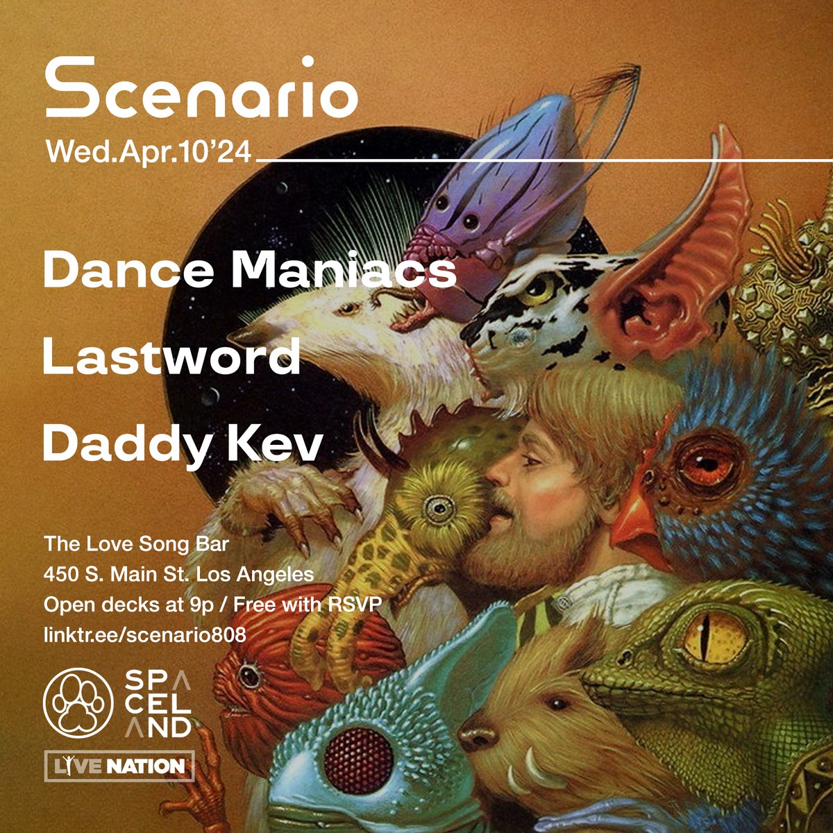 Tomorrow 4/10: Scenario 2024 Special Edition with #DanceManiacs @__liano @AviLoud #OakCitySlums #Lastword + @daddykev at @TheLoveSongBar. Open decks at 9p. Free with RSVP. Presented by @ALPHAPUP @SpacelandLA @LiveNation 🔊✨❤️ eventbrite.com/e/scenario-dan…