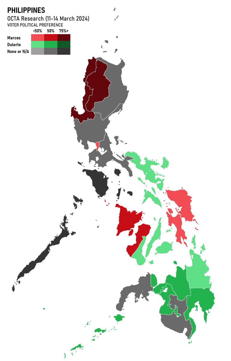 Map showing voter political preference by region in the Philippines according to OCTA Research's 2024 Q1 survey. Already made a map of this last night, but made changes to the map and colors used.