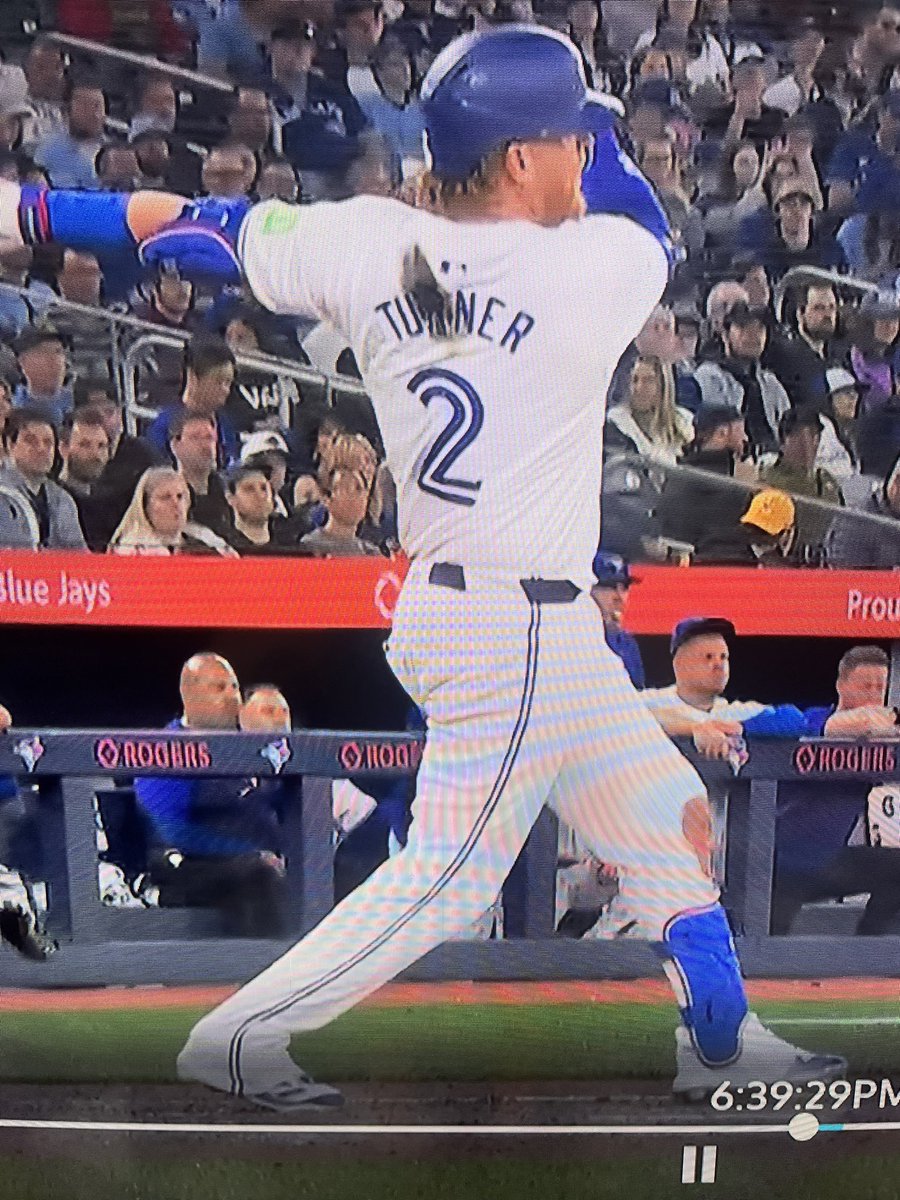 Ok. What’s up with Turners jersey <a href="/BlueJays/">Toronto Blue Jays</a>??  Like this for multiple games. Equipment manager run out of Oxyclean?  Looks like my coveralls after changing oil in a tractor.