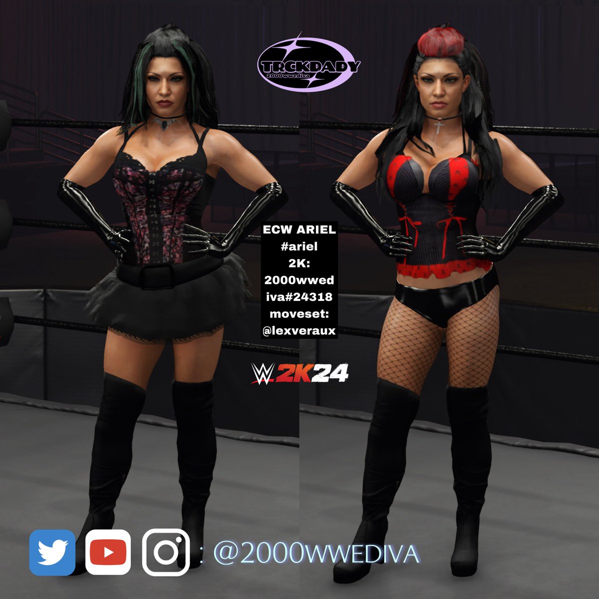 ECW Diva & My favorite vampire 🧛🏻‍♀️ Ariel @ShellyFromCali is now available for download on #WWE2K24 Enjoy 🩸🦇 moveset: @lexveraux