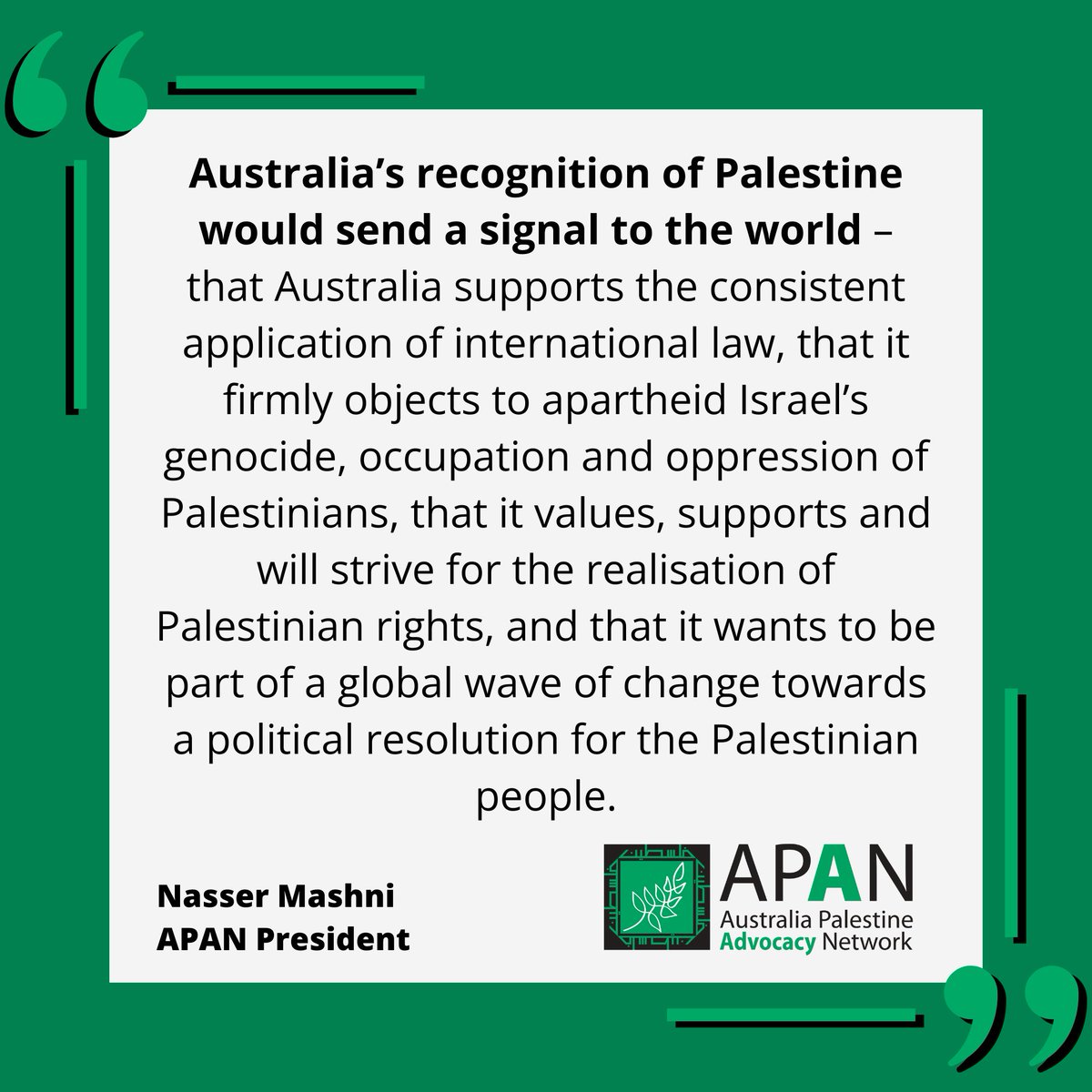 APAN welcomes the Foreign Minister’s support for the recognition of Palestine, but considers this only the first political step in supporting Palestinians to realise their rights to self-determination, justice and equality. apan.org.au/media_release/…