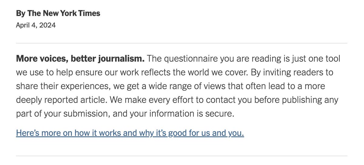 Un buen ejemplo de cómo y por qué pide el @nytimes la participación de los usuarios: · Tell Us Your Stories About Retirement If you’ve reinvented your life after retiring from a career, we want to hear how it’s going and any advice you have for others. nytimes.com/2024/04/04/bus…