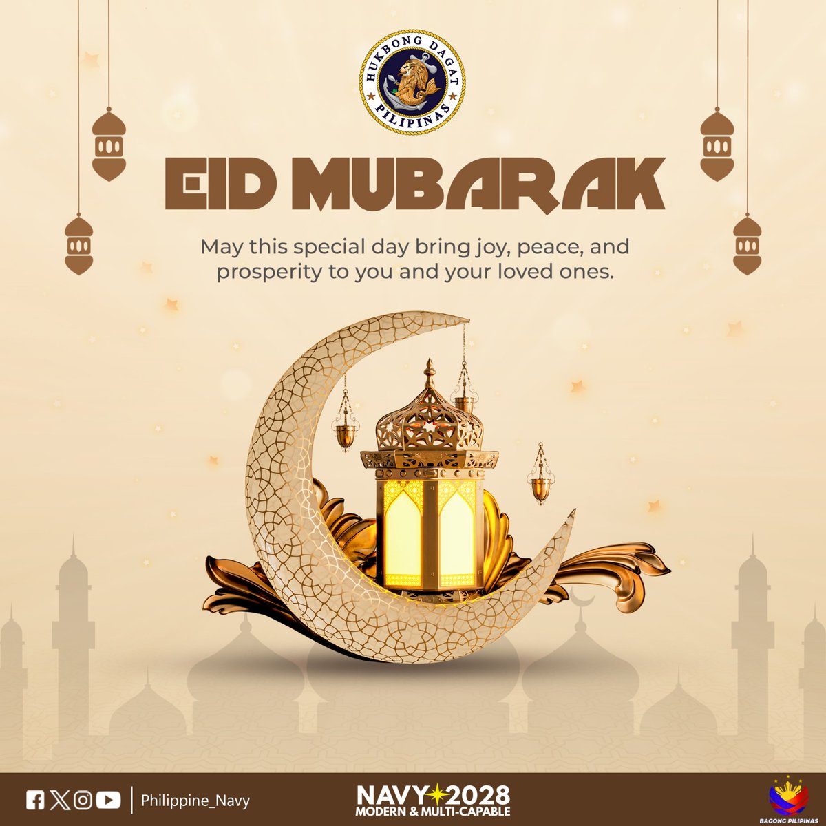 The Philippine Navy stands in solidarity with our Muslim brothers and sisters as we celebrate the end of Ramadan. May this Eid bring abundant happiness and success to everyone's lives. Eid Mubarak! 🌙 #ModernandMultiCapablePHNavy #AFPyoucanTRUST
