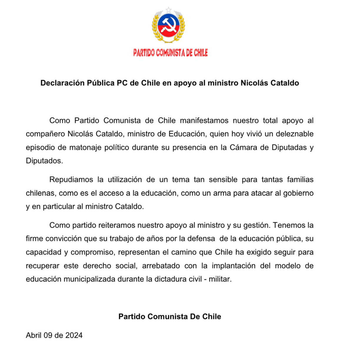 📢 Declaración Pública PC de Chile en apoyo al ministro Nicolás Cataldo.