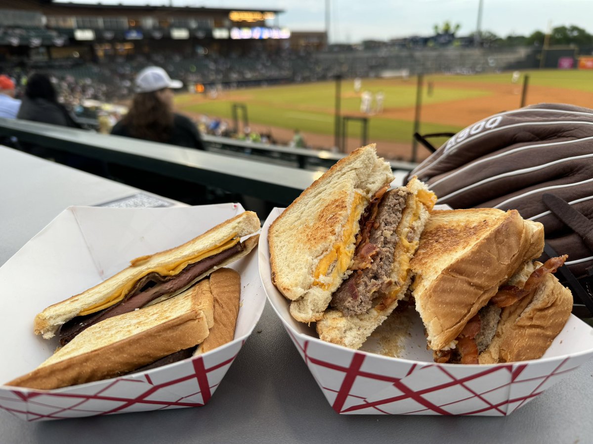 They are real and they are spectacular! New food items for @ColaFireflies Shrimp & Grits, Loaded Grits w/Bacon and Chicken & Grits (not pictured), Fried Bologna and Double Grilled Cheese Burger w/Bacon!