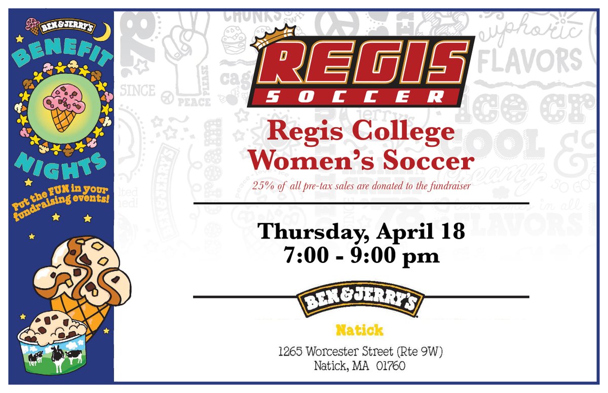 📅 SAVE THE DATE - THU, APR 18

Enjoy some ice cream at @BenJerrysNatick and help Regis Women’s Soccer with our fundraiser. It’s a win win!

#regiswsoc | #roarpride | #FUNraiser