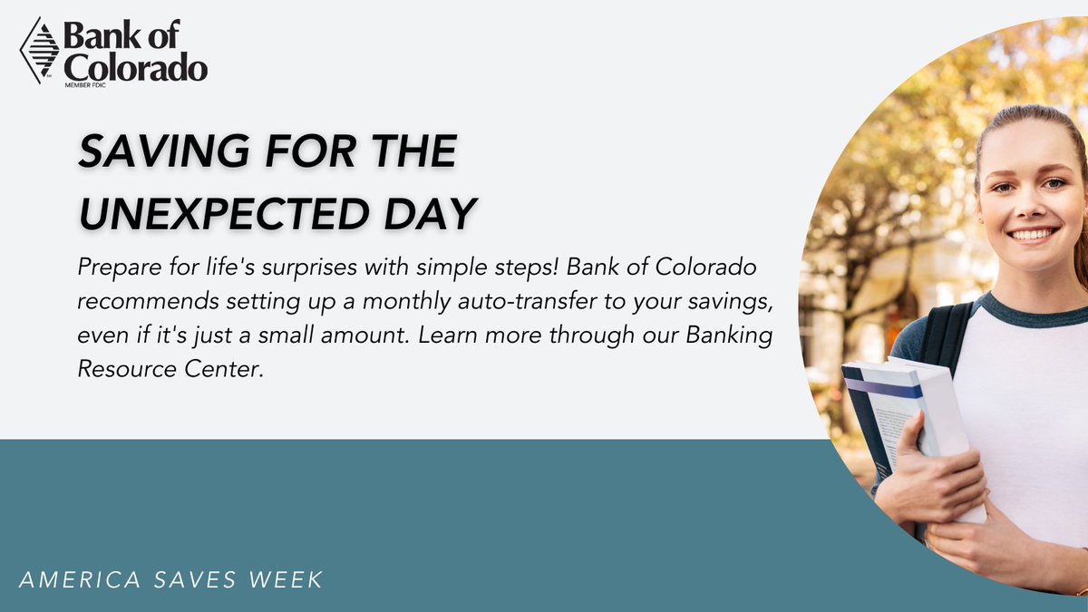 On #SavingfortheUnexpectedDay during #AmericaSavesWeek: Building an emergency fund is crucial, but it can feel impossible for those living paycheck to paycheck. There's only one place to overcome financial challenges and make saving a reality and its with the #BankofColorado! 💰