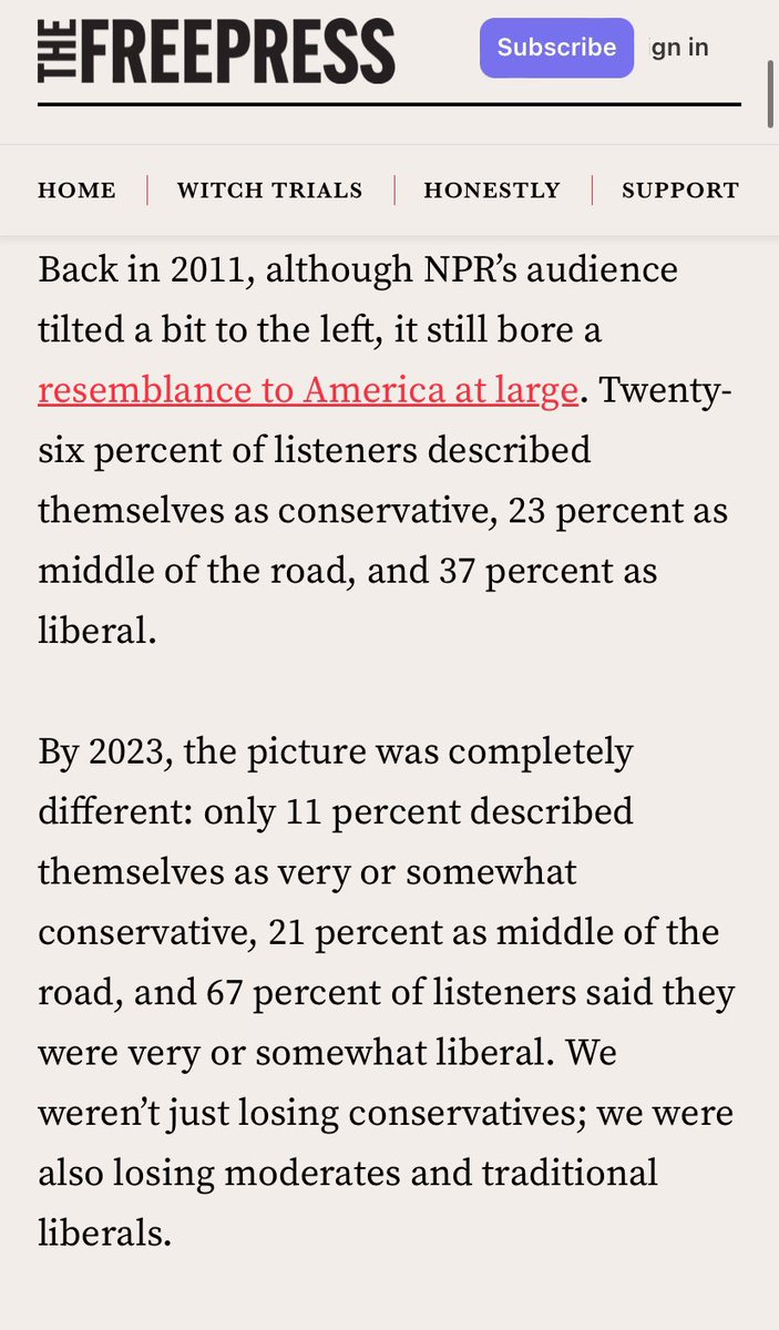 The core premise of Uri Berliner’s NPR piece in @TheFP is that NPR lost centrist and conservative listeners because it changed its journalism and went woke. What it doesn’t examine is the change that happened among conservatives in the same time frame. thefp.com/p/npr-editor-h…