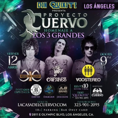 This Friday: @lacasadelcuervo is BACK at @donquixote.la with another Rockero Tribute Night💃🏽🕺🏽 Featuring the music of three iconic bands: #HeroesDelSilencio #SodaStereo & #Caifanes. A throwback Tribute Tribute you can’t miss. 🎟️ Tickets: link.dice.fm/C2aa20cec7ee