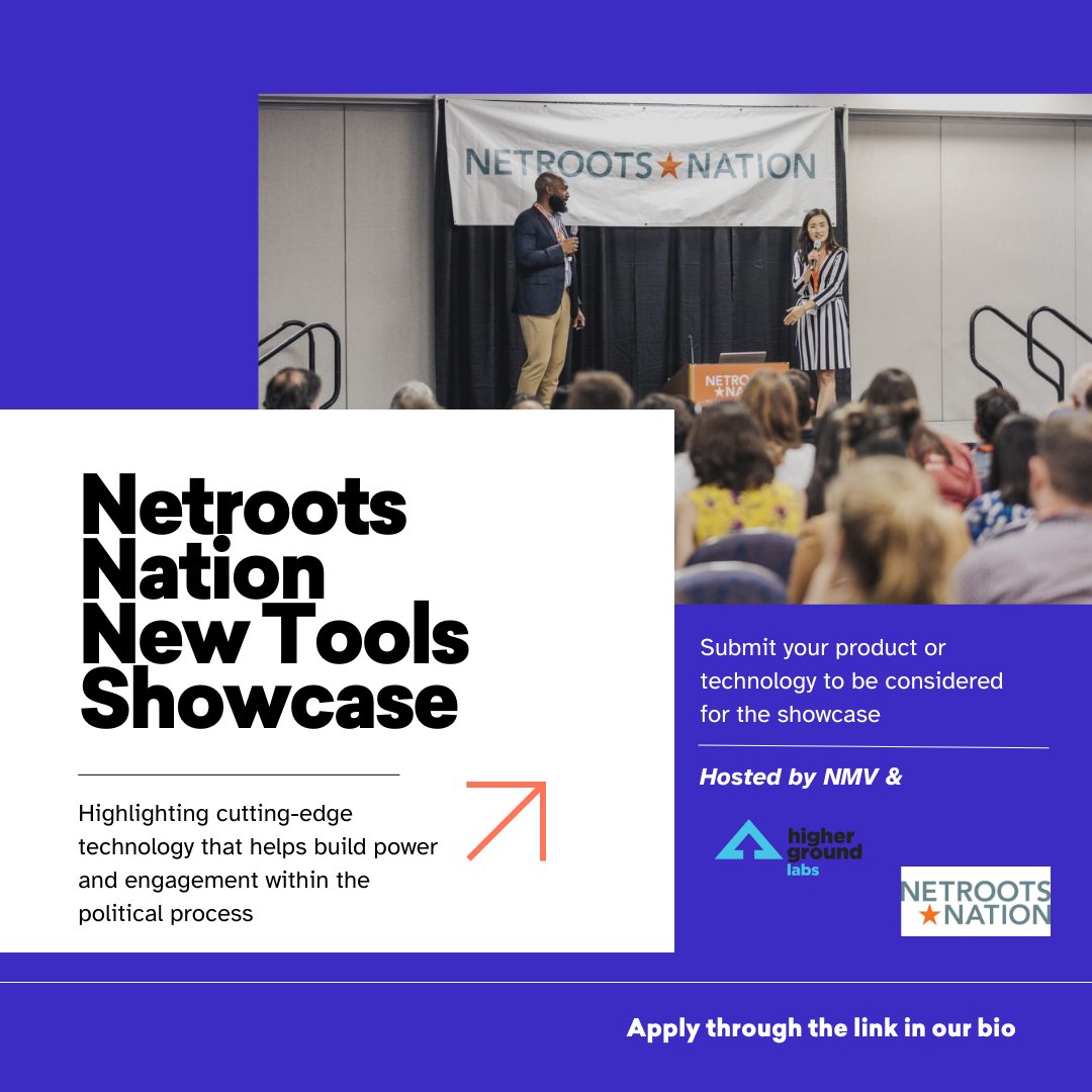 NMV, Netroots Nation, and Higher Ground Labs are bringing you the Net Tools Showcase this summer! Apply at the following link to showcase your voting, campaigning or make-the-world-a-better-place technology solution: netrootsnation.secure-platform.com/nn24-nts/solic…