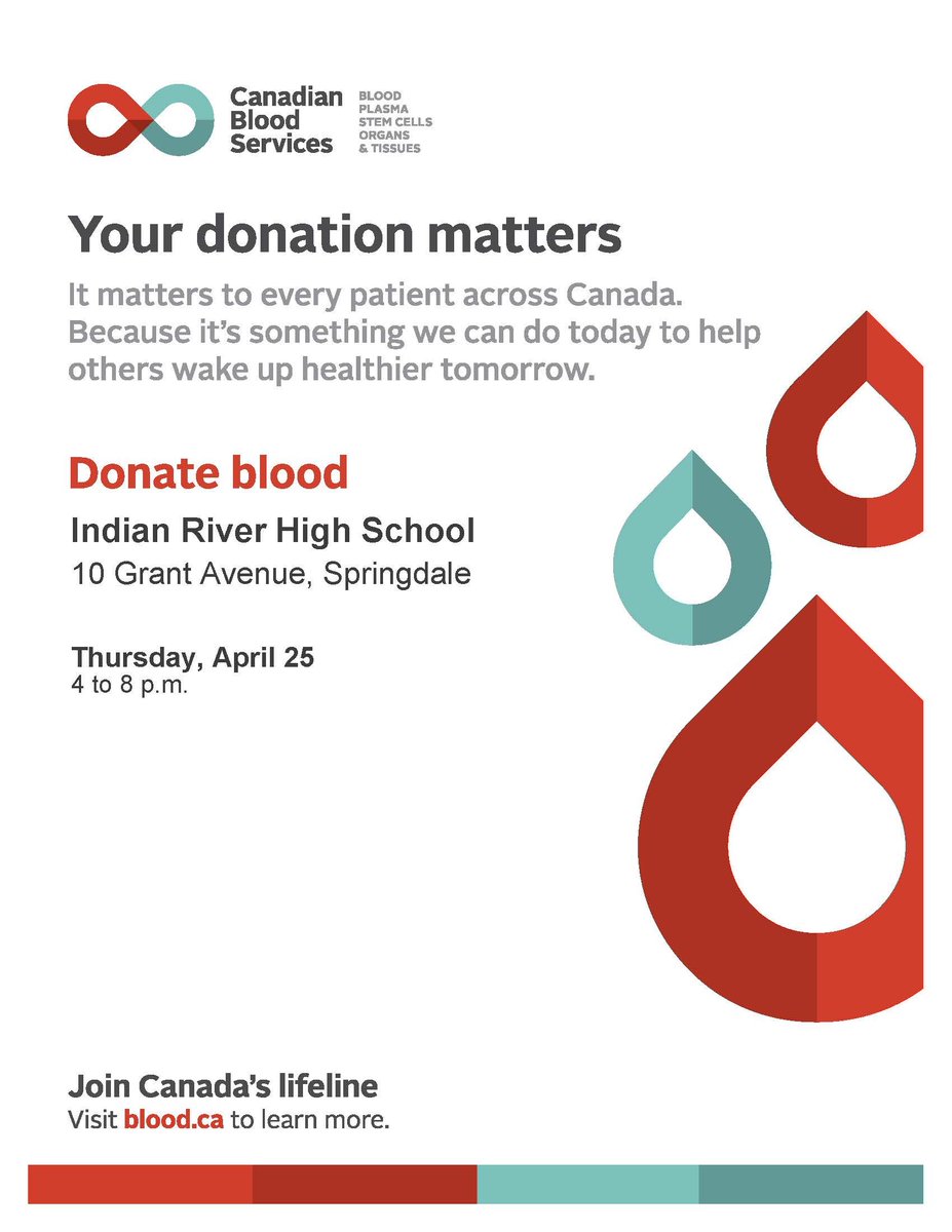 Give like lives depend on it. Because they do! There is an immediate need for all blood types, donate on Thur April 25 in Springdale. Indian River High School 10 Grant Avenue, Springdale 4 to 8 p.m. @LifelineNL @IRH_wildcats @BerniceCBC @VOCMNEWS @CBCNL @OfficialOZFM