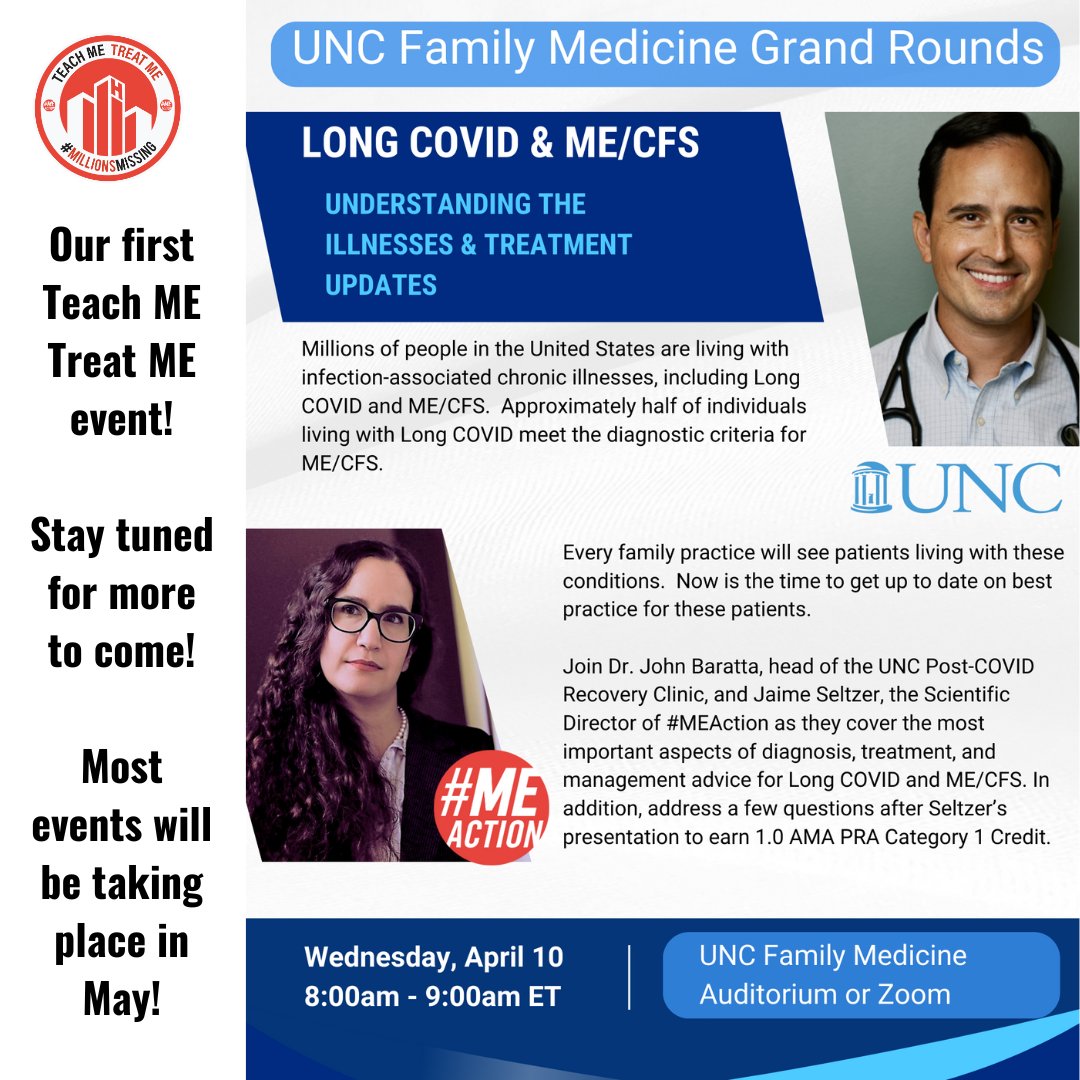UNC Family Medicine @uncfammed is hosting a crucial internal Grand Rounds for its physicians w/ @MEActnet on Wed, Apr 10!Dr. John Baratta @unc_pmr & Jaime Seltzer present this CME, delving into the recent Concise Clinical Review on #MECFS. 1/2 #MillionsMissing #TeachMETreatME