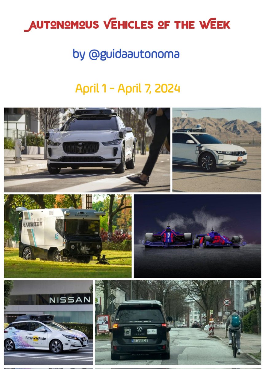 #AutonomousVehicles of the Week:
April 1 - April 7, 2024
🚗🚚🚌🚕

@AkwyZ @GlenGilmore 
@FishEyeBoxIndia @ProcurementStar @Procurement2030 @SupplyChain2030
@arikring @Nicochan33
@sonu_monika @Khulood_Almani @enricomolinari
#SelfDrivingCars #AI #IoT #SmartCity #robotaxi #TechNews