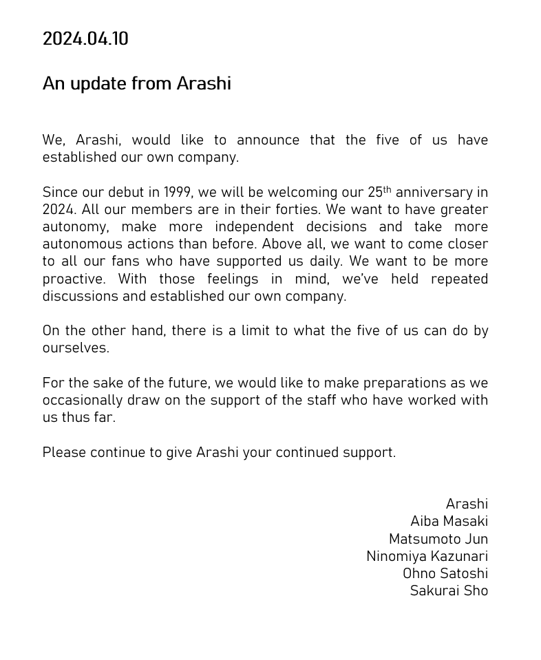 transitions0101's tweet photo. [Breaking news]

Arashi have established their own company.

Full statement below: https://t.co/HVfGX1DmME