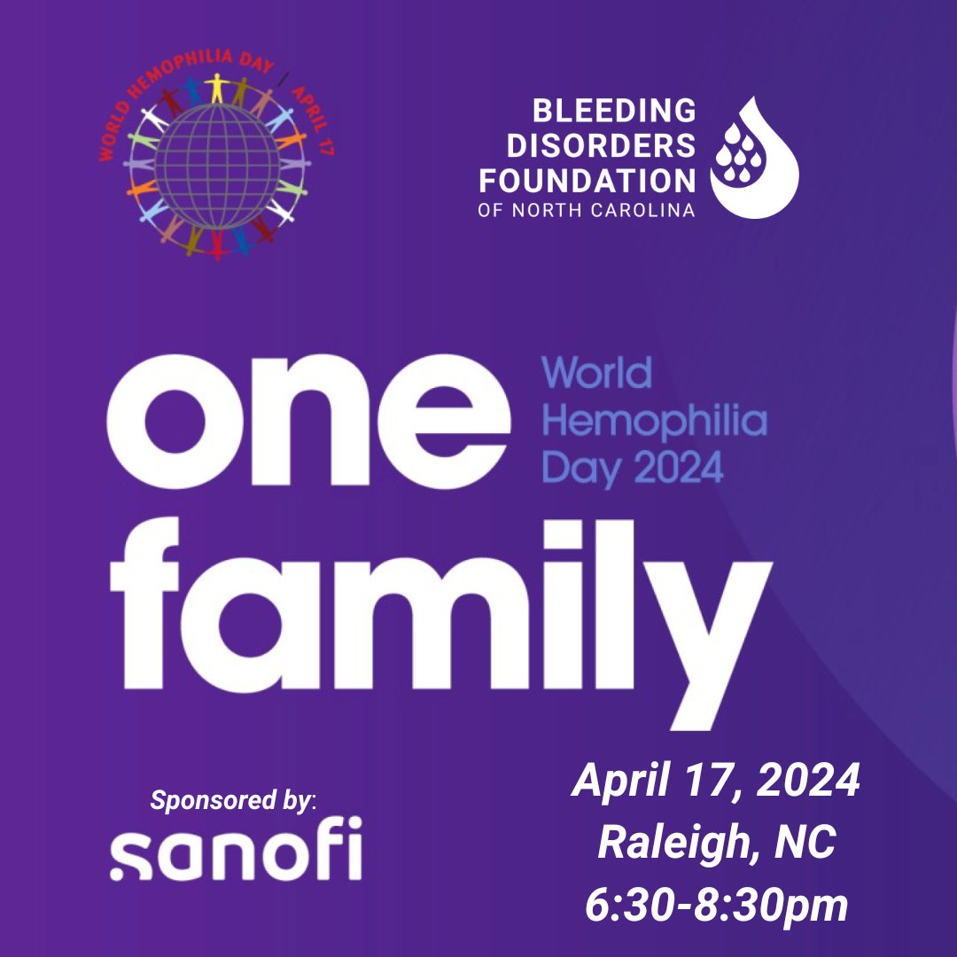 Are you free on April 17 at 6:30pm? Join BDFNC to celebrate World Hemophilia Day at The Westin in Raleigh! Check out our website for more information: bleedingdisordersnc.org/events/world-h…