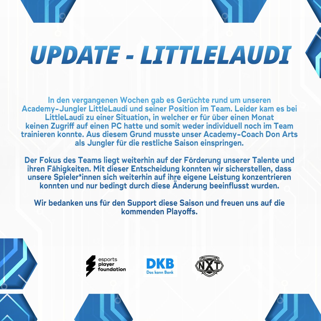 Da vermehrt die Frage aufkam, warum unser Academy-Team aktuell mit <a href="/donarts/">Don Arts</a> statt <a href="/LittleLaudi/">LittleLaudi</a> spielt, wollten wir euch hierzu ein Update geben 👇