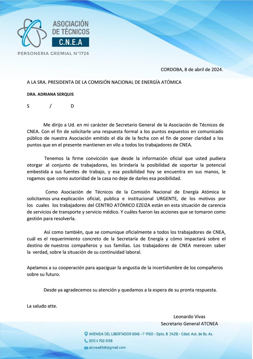 Nota presentada a las autoridades de CNEA