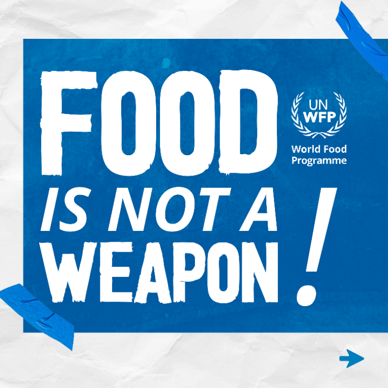 UN's tweet photo. Most food-insecure and malnourished people live in countries affected by armed conflict.

Access to food is a human right.

Food must never be used as a weapon of war.

via @WFP