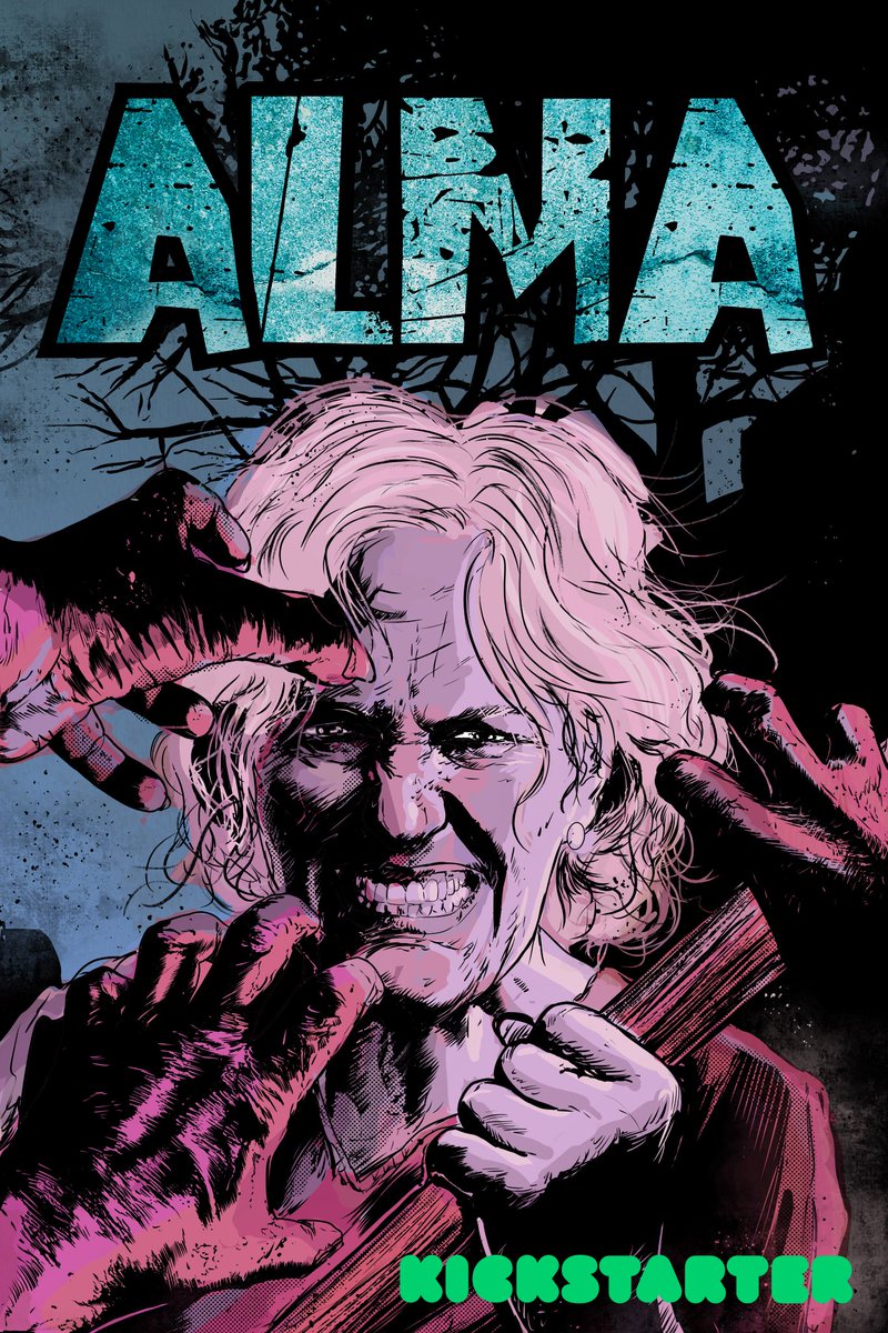 'Alma 'What if Buffy was a 72 year old Grandmother?' Coming to Kickstarter soon.'

A simple question with a beguiling cover, with an expressive intensity.

The Unique Letter head captures the robust narrative.  

The colour palette adds to the ambience. 🔥