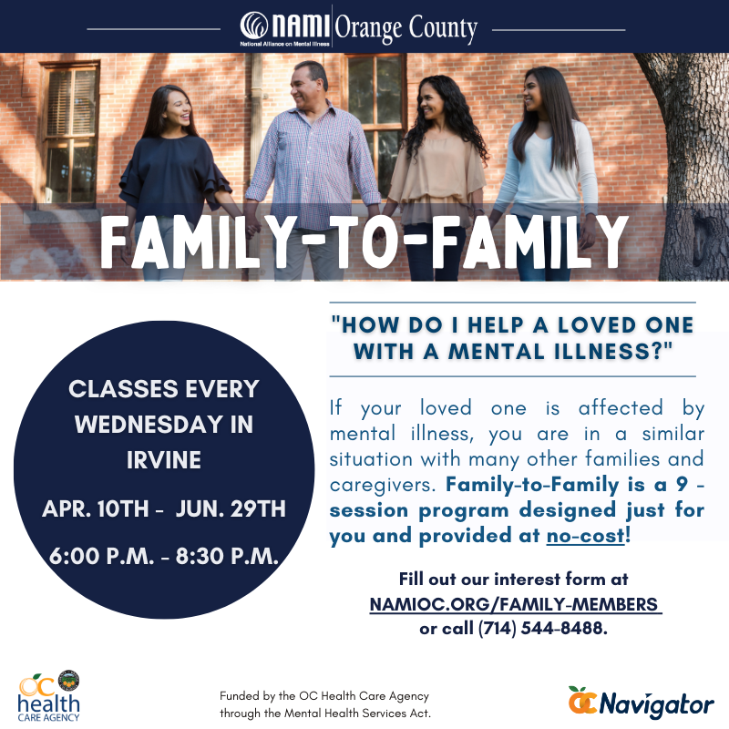 Reminder!🔔 Join us in Irvine for a 9-week Family-To-Family program starting on TOMORROW, April 10th at 6pm! This in-person program provides a supportive space for families and caregivers supporting loved ones affected by mental illness Register at namioc.org/family-members #NAMI