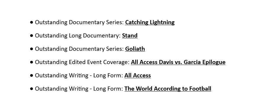 StephenEspinoza's tweet image. Today Showtime Sports received 6 Sports Emmy nominations, including 2 for All Access &amp;amp; 4 for documentary films. 

Congrats to the filmmakers &amp;amp; creatives, as well as to my former colleagues. A lasting legacy of high-quality, high-impact content.
lnkd.in/eQGNuMb5