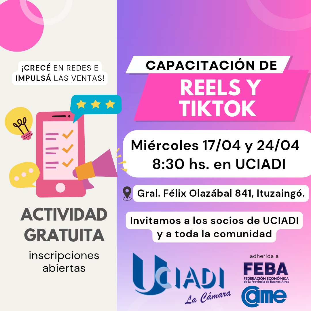 uciadilacamara's tweet photo. 📣¡Sumate a la CAPACITACIÓN DE  REELS Y TIKTOK con nuevas herramientas para tu negocio!📲🛍️

🗓Miércoles 17/04 y 24/04 a las 8.30 hs. en UCIADI

Inscribite por WhatsApp 🤳 11-6549-7400 de lunes a viernes 9 a 16 hs.

https://t.co/CeKxL2Ltri https://t.co/8HTtd3BFqx