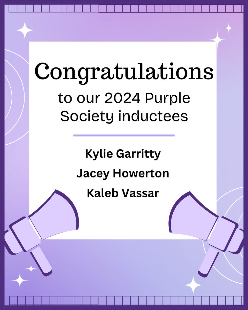 Sound the trumpets and lets celebrate our School of Communication UCA Purple Society inductees!🎺🎉

Kylie Garritty - Public Relations
Jacey Howerton - Public Relations
Kaleb Vassar - Public Relations

We are beyond proud to see each of your names on this list!⭐