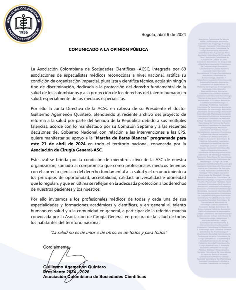 COMUNICADO A LA OPINIÓN PÚBLICAℹ️ La Junta Directiva de la ACSC en cabeza de su Presidente el Dr. Guillermo Agamenón Quintero, quiere manifestar su apoyo a la “Marcha de Batas Blancas” programada para este 21 de abril de 2024 en todo el territorio nacional.