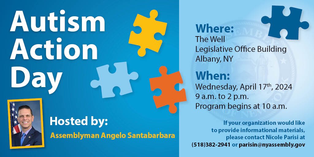 📢 Join us for this year’s Autism Action Day in The Well, Legislative Office Building, Albany, NY, on Wednesday, April 17th, 2024, from 9 to 2 pm. 🎤 The program kicks off at 10 am with @ChristinaOn10 @WTEN ABC News Anchor, as our honorary MC, and guest speaker Willow Baer,…