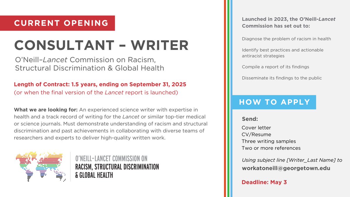 The @RSDGHcommission is seeking a consultant writer to support the Commission in drafting the @TheLancet report. The report will be a cohesive and strategic synthesis of all the work undertaken during the Commission’s lifetime. Learn more: oneill.law.georgetown.edu/careers/curren…