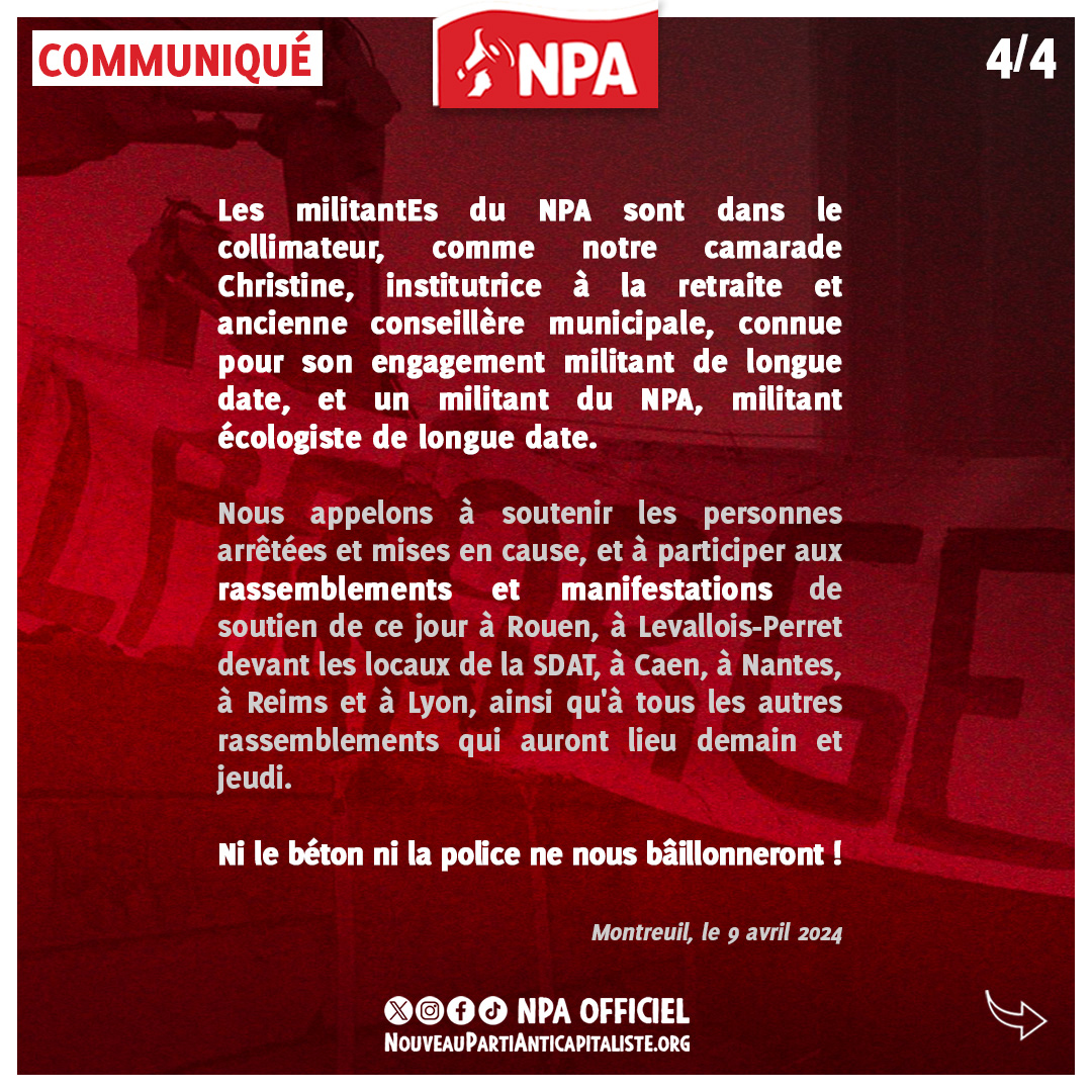 Les militantEs du NPA sont dans le collimateur, comme notre camarade Christine, institutrice à la retraite et un militant du NPA, militant écologiste de longue date. Nous appelons à participer aux rassemblements et manifestations de soutien. 👉 soutien-repression-beton.gogocarto.fr/map#/carte/@46… 4/4