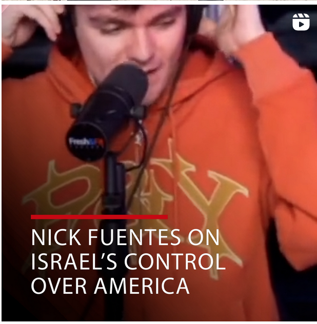 Today Middle East Monitor @MiddleEastMnt, a prominent London-based outlet with over 1.8 million social media followers, published a clip of white Christian nationalist Nick Fuentes advancing a distorted (and for Nick at least, antisemitic) view of the U.S.-Israel relationship 1/