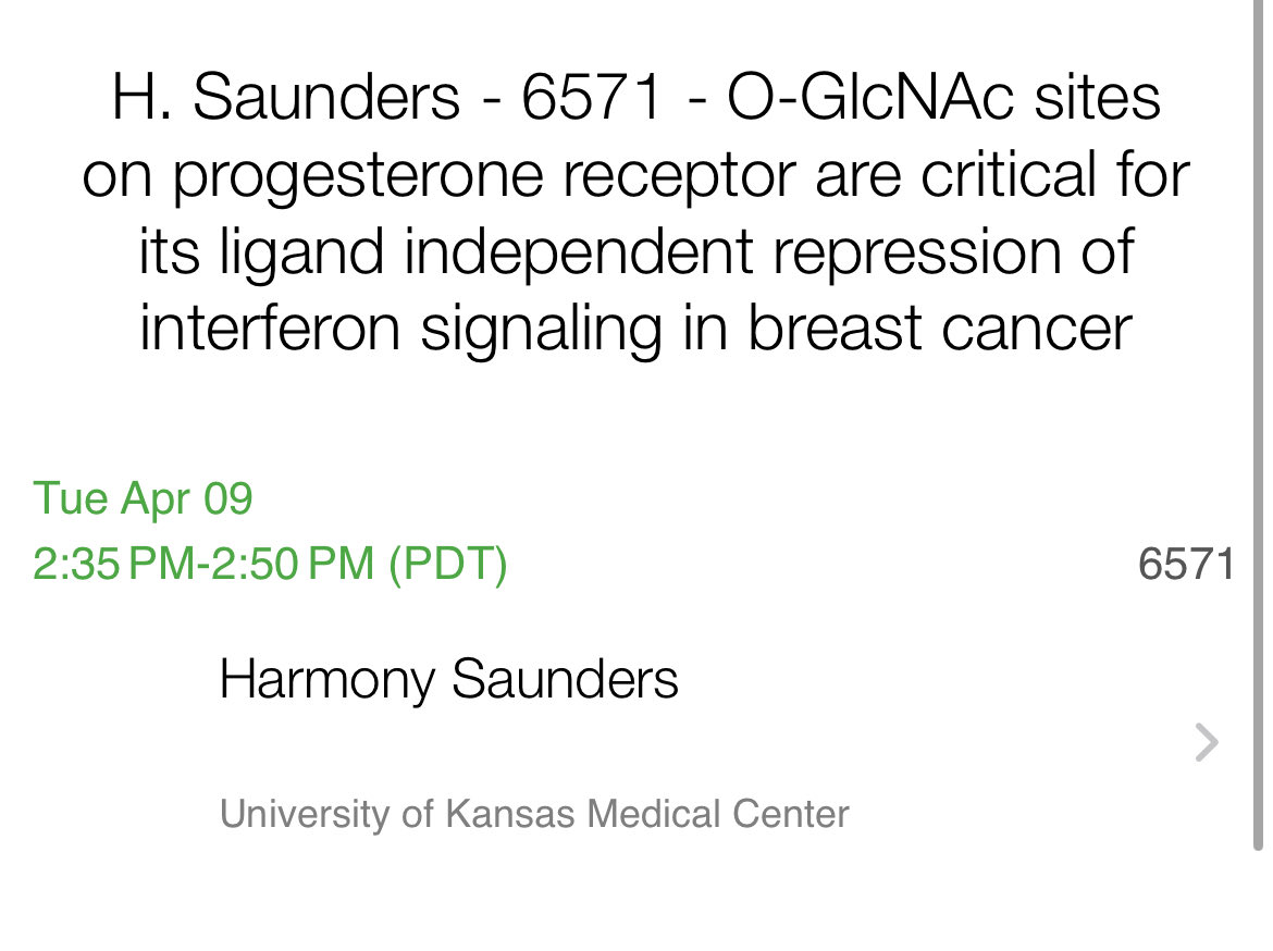 Check out a talk by Hagan lab grad student Harmony Saunders ⁦at 2:30pm in Room 5. Spoiler alert: you WILL learn something new about progesterone receptor. ⁦@Harmony_S_⁩ ⁦@KUcancercenter⁩ ⁦@kumcmstp⁩ #AACR24