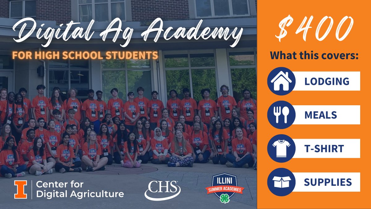 We are accepting scholarship applications for the Digital Ag Summer Academy until April 19th!🍀☀ Here, students will learn the basics of coding, interact with drones & robots, engage in hands-on activities to apply their learning, and more! Details here: digitalag.illinois.edu/education/digi…