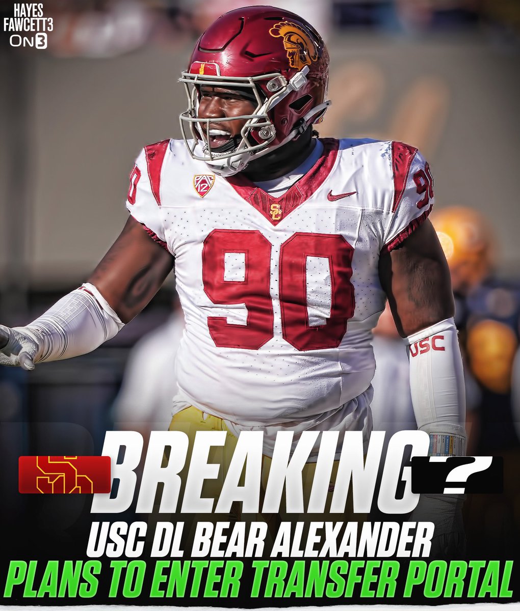 BREAKING: USC DL Bear Alexander plans to enter the Transfer Portal, a source tells @on3sports The 6’3 300 DL totaled 56 Tackles, 3.5 Sacks, and 4 PDs in his 2 year college career Was ranked as a Top 45 Recruit in the ‘22 Class (per On3) Started his career at Georgia…