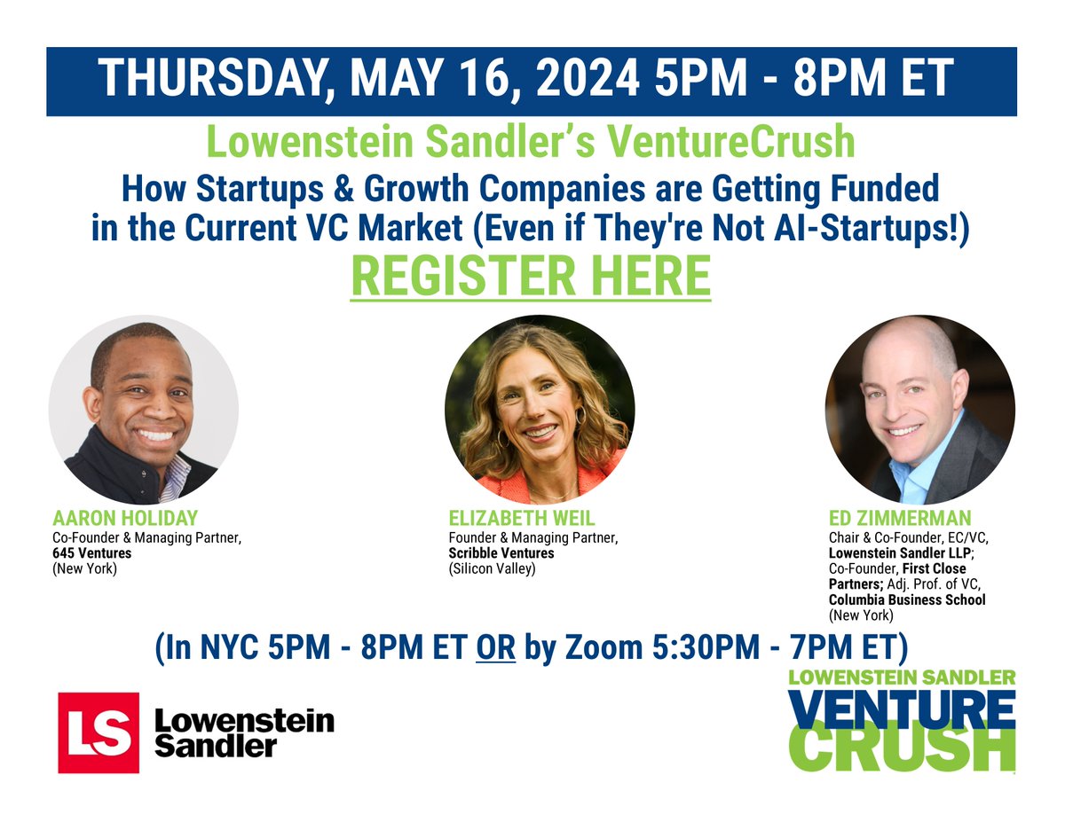 VentureCrush (@venturecrush) on Twitter photo Please join our <a href="/VentureCrush/">VentureCrush</a> 5/16 @ 5-8PM ET (Live in NYC) 5:30-7PM ET (Zoom) How Startups & Growth Companies are Getting Funded in the Current VC Market (even if they're not AI-startups!) w/ <a href="/AHolidayiii/">@aholidayiii</a> & <a href="/elizabeth/">Elizabeth Weil</a> (<a href="/EdGrapeNutZimm/">Ed Zimmerman</a> will moderate)
RSVP: bit.ly/VC51624 Please join our <a href="/VentureCrush/">VentureCrush</a> 5/16 @ 5-8PM ET (Live in NYC) 5:30-7PM ET (Zoom) How Startups & Growth Companies are Getting Funded in the Current VC Market (even if they're not AI-startups!) w/ <a href="/AHolidayiii/">@aholidayiii</a> & <a href="/elizabeth/">Elizabeth Weil</a> (<a href="/EdGrapeNutZimm/">Ed Zimmerman</a> will moderate)
RSVP: bit.ly/VC51624
