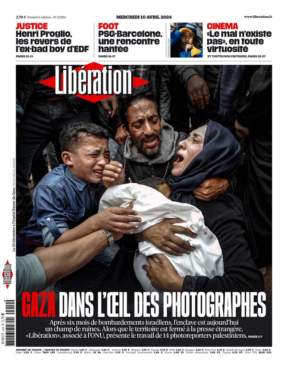 📌 La portada de Libération: “Gaza en el ojo de los fotógrafos” La edición del miércoles recoge el trabajo de 14 fotoperiodistas palestinos.