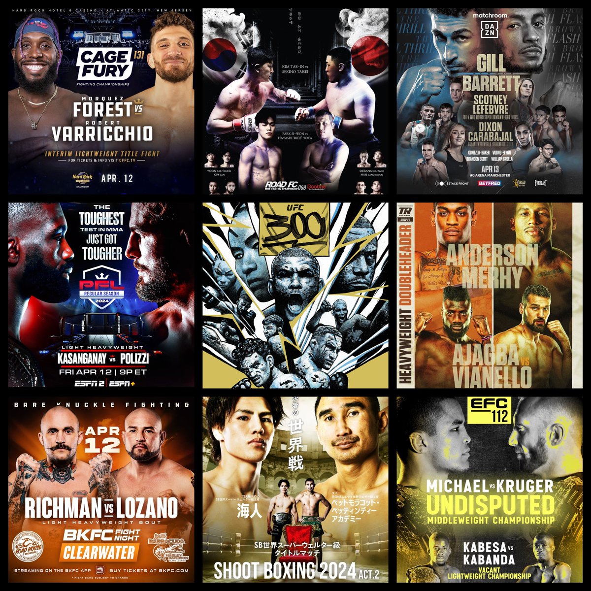 Live Combat Sport Schedule: 4/10 -  4/14

Complete schedule w/ fight cards, PPV & free live streams HERE:
▶️grabakahitman.com/2024/04/09/liv…

#UFC300 #PFLRegularSeason #AndersonMerhy #ShootBoxing #EFC112 #CFFC131 #BKFCClearwater #ROADFC68 #GillBarrett #BSC21 #OpenFC41 #SFT47 #RWSjapan