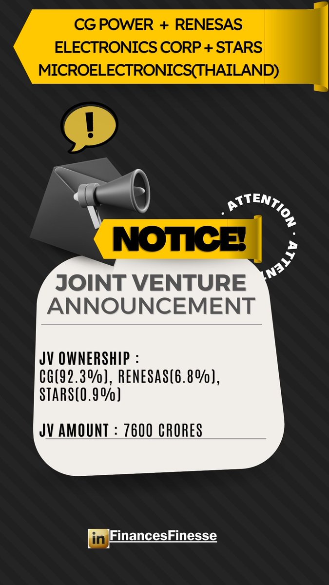 Another #Jointventure for #semiconductors 

Make in #India for the #world 

#BusinessNews #financesfinesse
#FinancialLiteracy #knowledgeispower
#personalFinance #india #knowYourCompany
#Jointventure #actionableInsights #CGpower #Renesaselectronics #Starsmicroelectronics