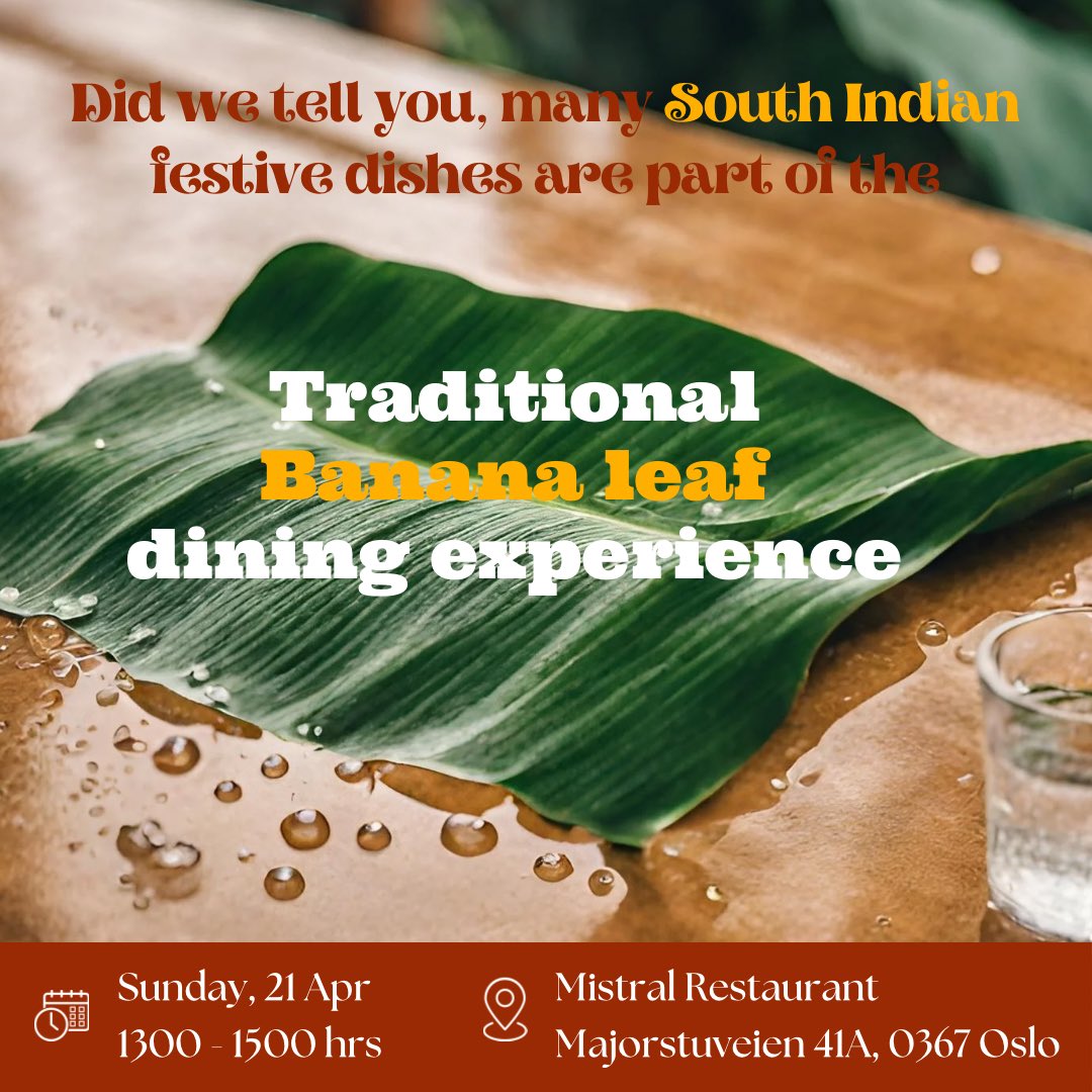 Come join us on Sunday, 21st April to experience some of the festive dishes on a banana leaf ✨

book your spots on the-gift.no

#festivalsofindia #osloPopup @IndiainNorway @norwayinindia @iccr_hq #foodies #southIndian #culture #kultur @kulturdir @VisitOSLO @vgnett