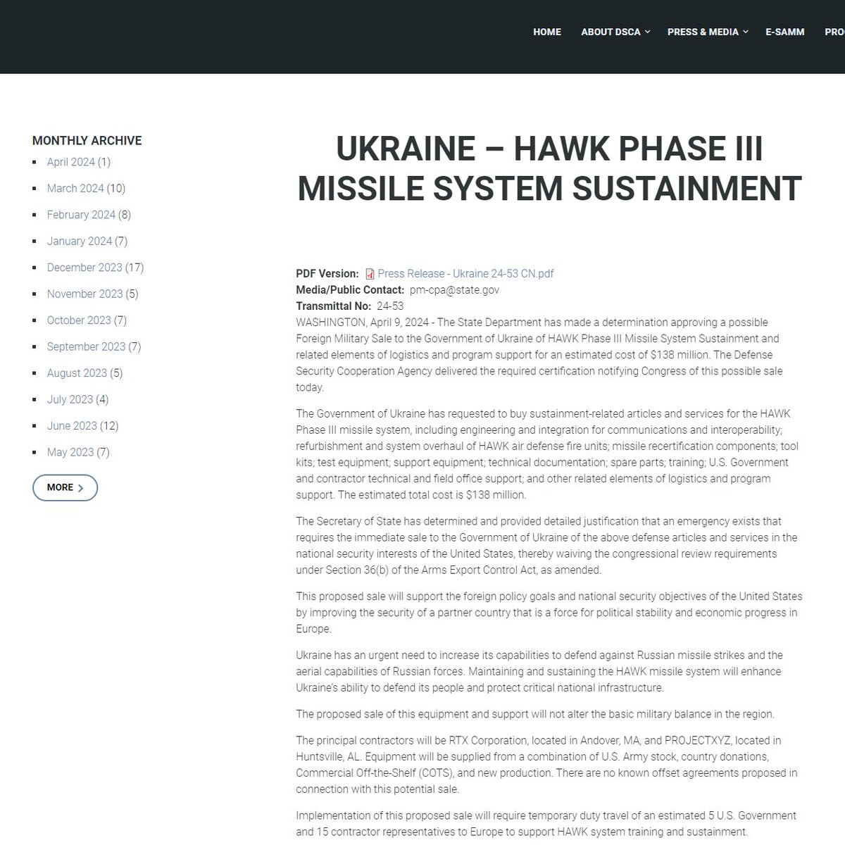 . @StateDept 🇺🇸 authorizes an emergency Foreign Military Sales #FMS case to 🇺🇦 #Ukraine for Hawk Phase III Missile System sustainment with an estimated cost of $138 million #FMSUpdate-tinyurl.com/yj6a9wzf