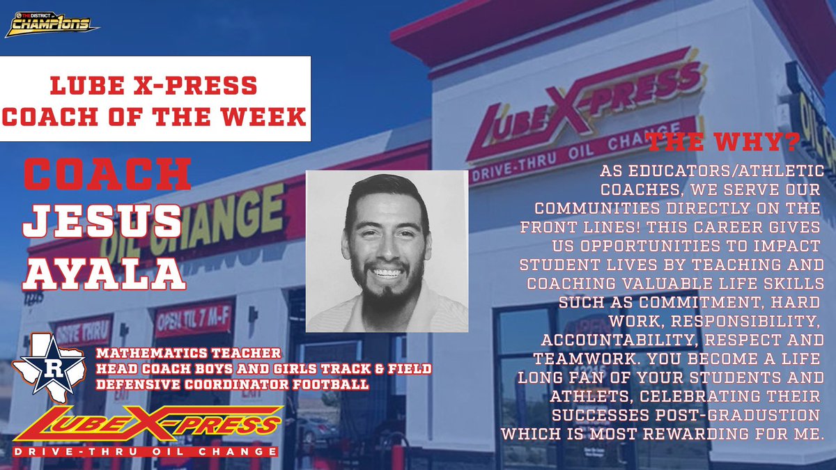 Our LubeXpress Coach of the Week is Coach Ayala from Riverside HS! Thanks for all you do for kids Coach. @vlara_82 @YsletaISD @DeXavierluke @YISDCFO @Track_RHS