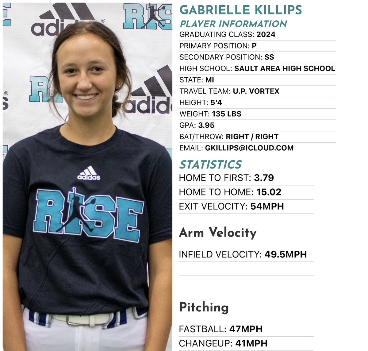 💻RISE “Profile of the Day”💻 • 2024 RISE Player-Gabrielle Killips (Sault Area HS & U.P. Vortex); showed natural loft in the swing, w/ pop to the pull-side. Showed a snappy arm action across the field. • risesoftball.com/players/gabrie…