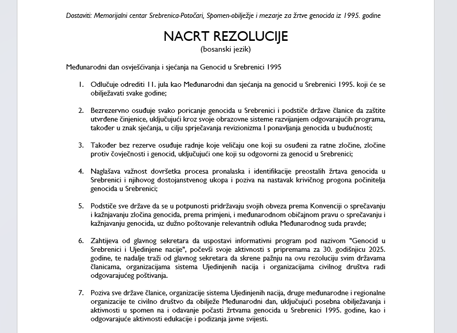 SrebrenicaMC's tweet photo. U skladu sa javnosti dostupnim podacima, @SrebrenicaMC je pripremila prevod javnodostupne verzije Nacrta Rezolucije UN-a na bosanski jezik. Vjerujemo da će uvid u detalje Rezolucije umanjiti histeriju koju pojedini lideri u regionu kreiraju u vezi sa njenim usvajanjem. https://t.co/eWtjo3Lp8H