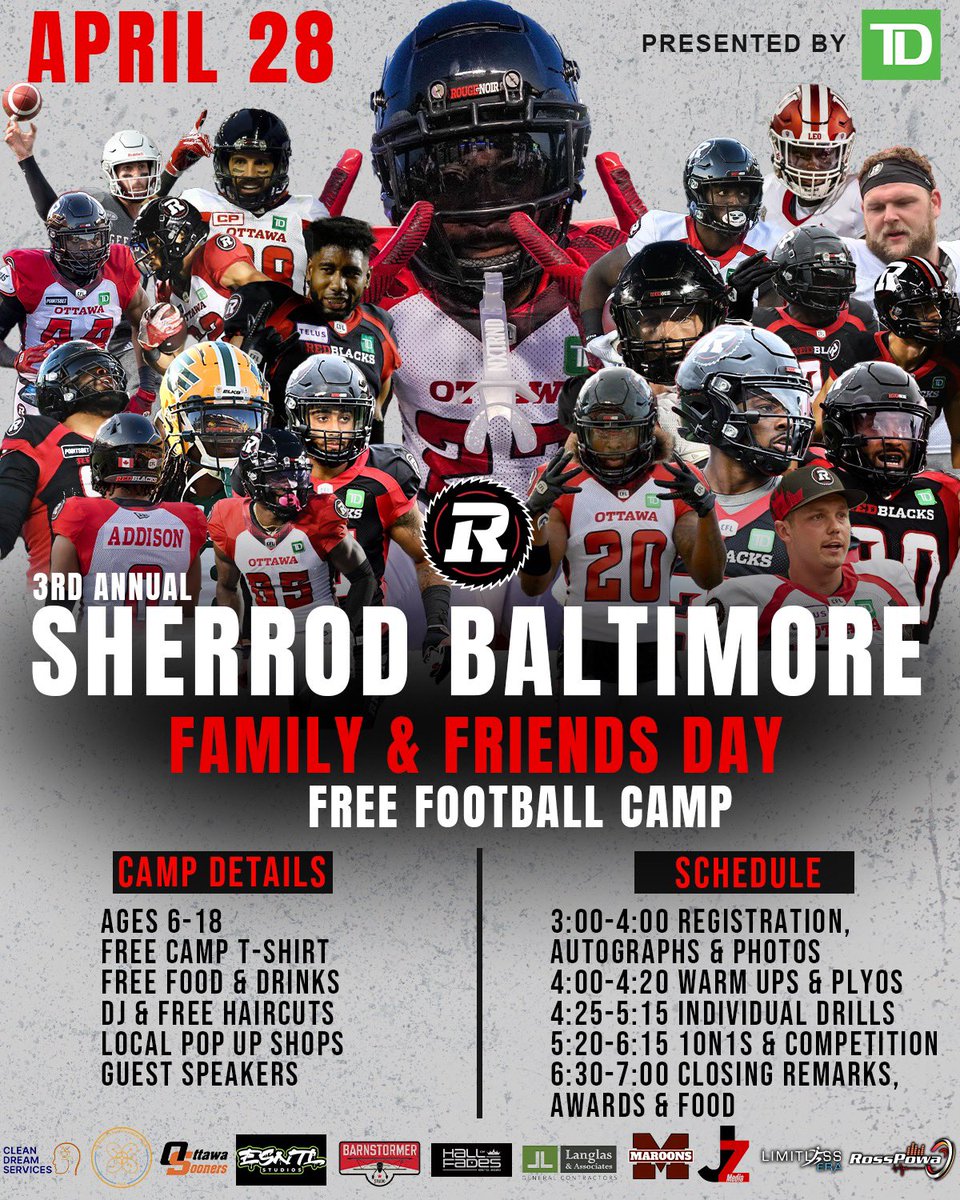 MY 3rd ANNUAL FREE CAMP (PRESENTED BY TD) ITS HAPPENING @ TD PLACE APRIL 28th FROM 3PM TO 7PM AGES 6-18!! COME HANGOUT AND GET COACHED BY THE PROs.. THIS IS SOMETHING SPECIAL FOR THE CITY OF OTTAWA!! FIRST COME FIRST SERVED!!! LINK IN BIO