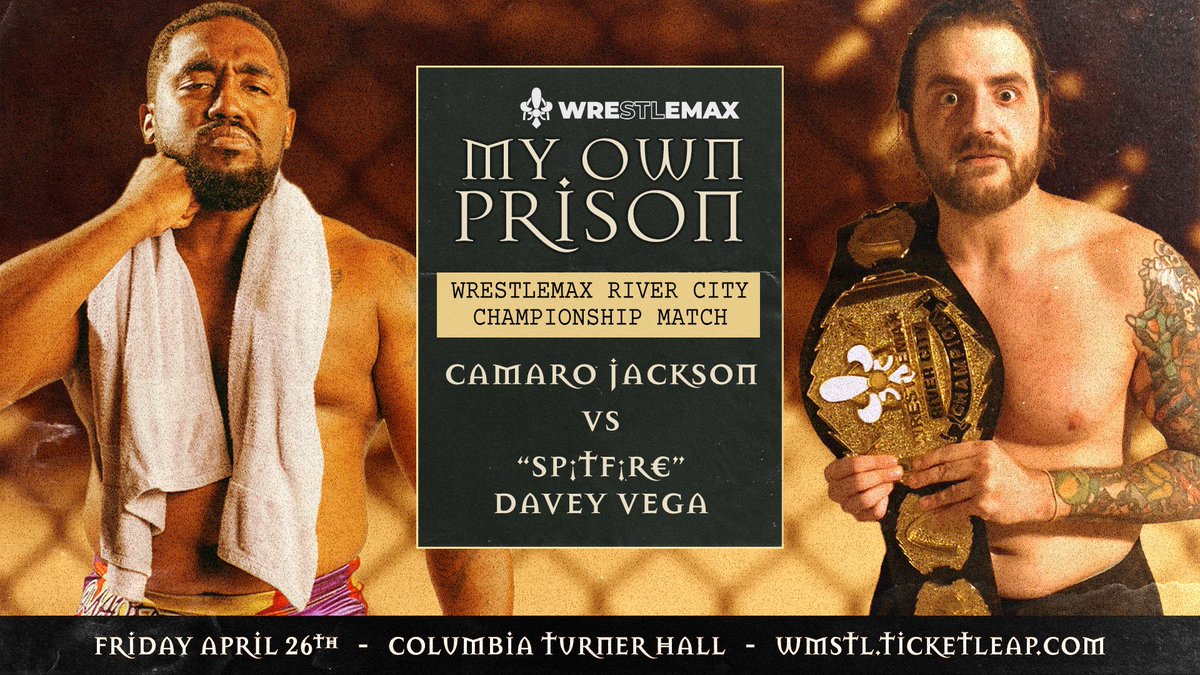 CAMARO JACKSON will get a shot at gold after having to relinquish the WrestleMax Tag Team Championship, when he challenges DAVEY VEGA for the River City Championship at My Own Prison! ⛓️ Friday, April 26th ⛓️ 📍 Turner Hall in Columbia, IL 🎟️ wmstl.ticketleap.com