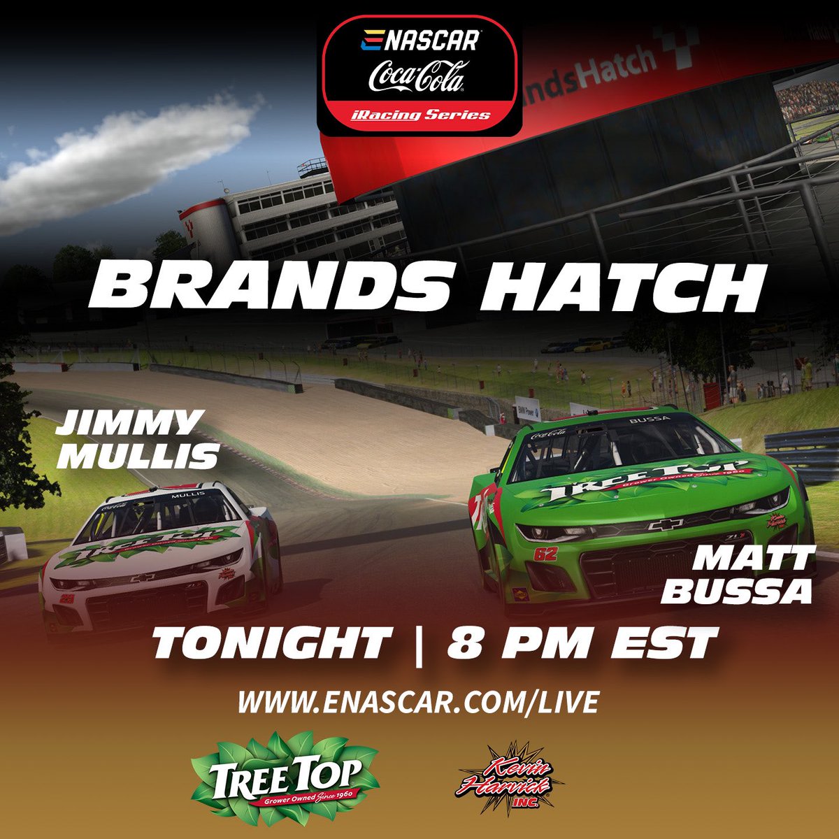 It’s race day at @Brands_Hatch for the first road course of the @iRacing @ENASCARGG season! @MattBussa and @jmullisracing are ready to take on the 9-turn course. #TeamKHI | @KHI_Racing | @KHIManagement | @TreeTopInc ⏰: Race @ 8 p.m. ET. 💻: enascar.com/live