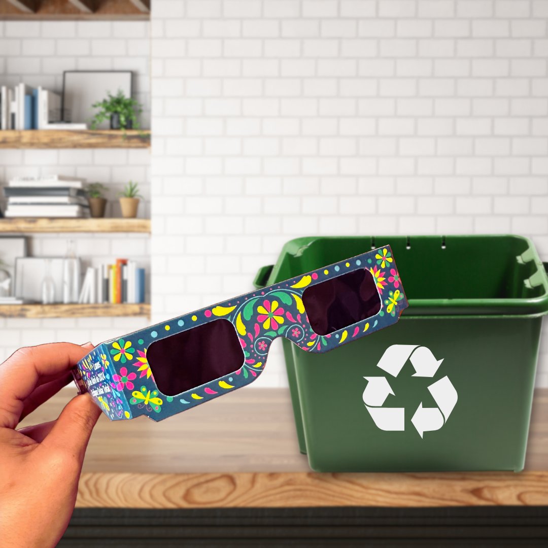 🌞 Don't toss those eclipse sunglasses just yet! 🌚 Let's give them a second life and be eco-conscious. ♻️Remove the lenses and drop the frames in your blue recycling bin to ensure they're properly disposed of and repurposed.