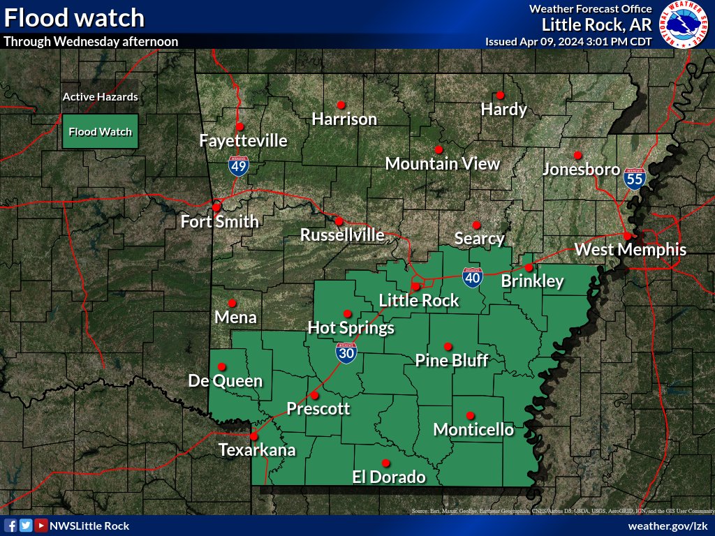 Several more rounds of precipitation are expected through Thursday as a slow moving storm system finally exits the region. Several more inches of rain are expected and a flash flood watch continues. #arwx