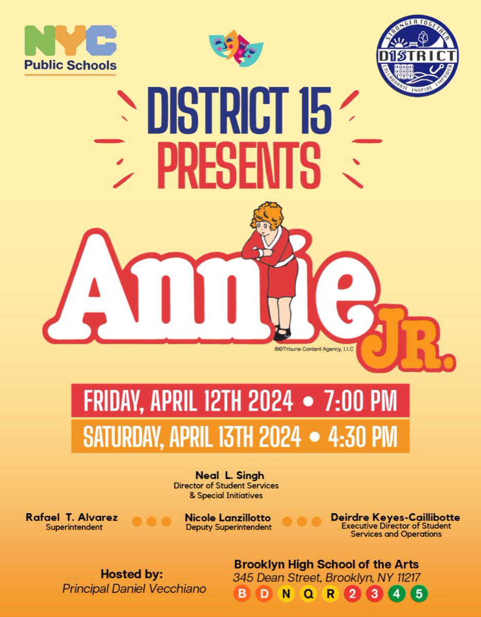Our first annual District wide theater production! Uniting students from grades 3-12 across our schools who are performing in Annie JR. on April 12 &amp; 13.  <a href="/BrooklynArtsHS/">Brooklyn Arts</a> <a href="/DOEChancellor/">Chancellor Melissa Aviles-Ramos</a> <a href="/DanWeisbergNYC/">Dan Weisberg</a> <a href="/ruxdanika/">Dr. Danika Rux</a> <a href="/CECDistrict15/">CEC District 15</a> <a href="/nycoasp/">NYC Public Schools Arts Office</a> <a href="/necs/">Nathaniel Styer</a>